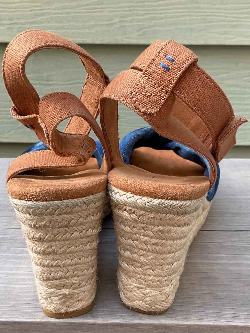 Toms Denim Blue Twist and Tan Espadrille Wedge Sandals